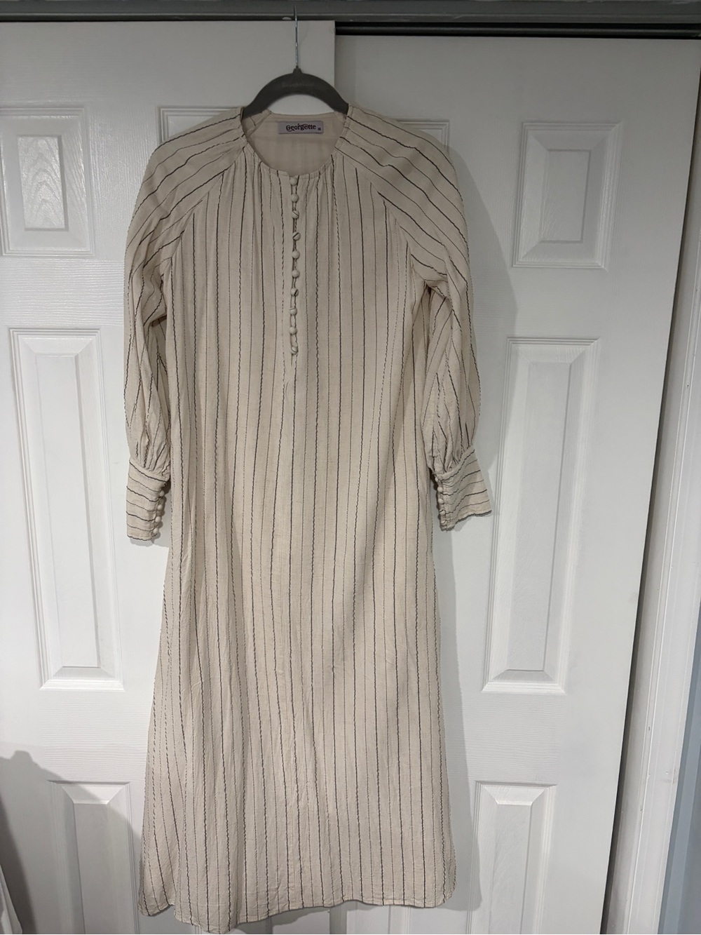 Women’s Cream Stripe Long Sleeve Linen Midi Dress